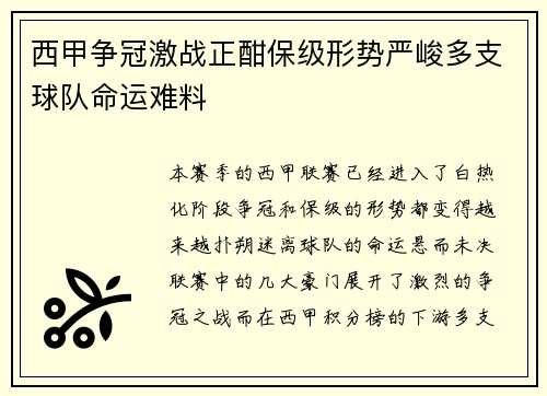 西甲争冠激战正酣保级形势严峻多支球队命运难料
