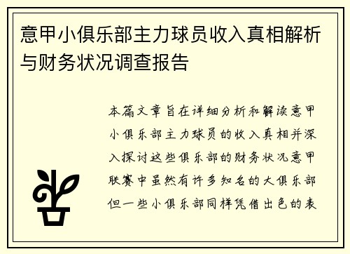 意甲小俱乐部主力球员收入真相解析与财务状况调查报告