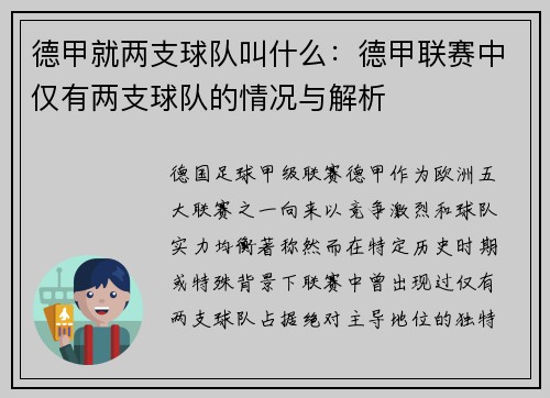 德甲就两支球队叫什么：德甲联赛中仅有两支球队的情况与解析